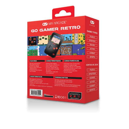 Red packaging of 'GO Gamer Retro' with a handheld gaming console illustration on a white background