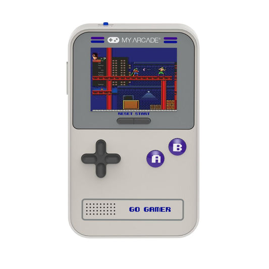 Handheld game console with vintage design on a white background
