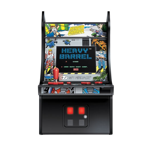 Mini arcade machine with 'Heavy Barrel' game displayed on a white background