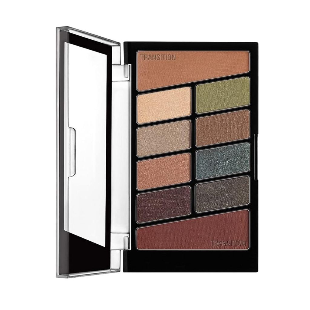Makeup palette with various shades of eyeshadow on a white background