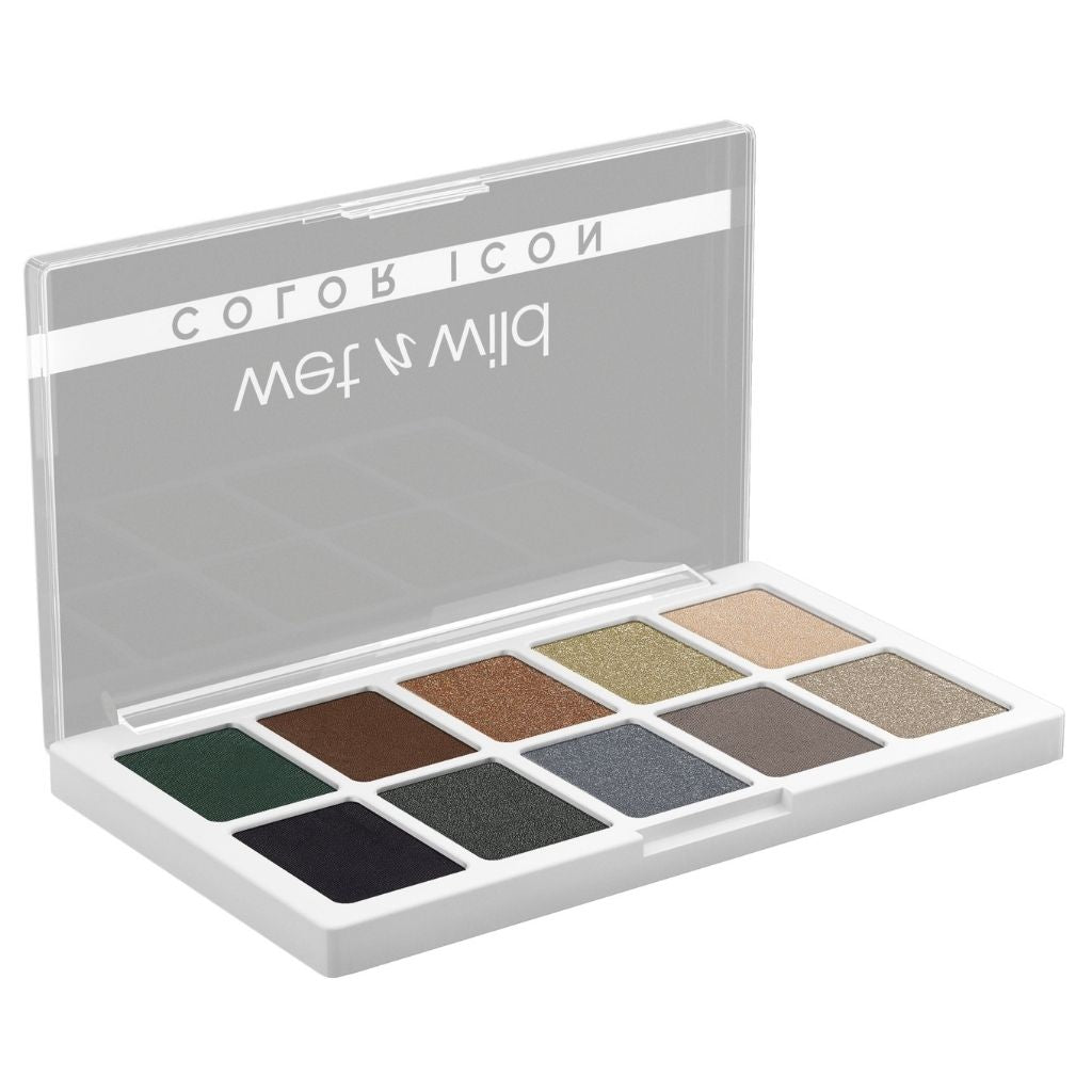 Makeup palette with various shades of eyeshadow in a clear case on a white background