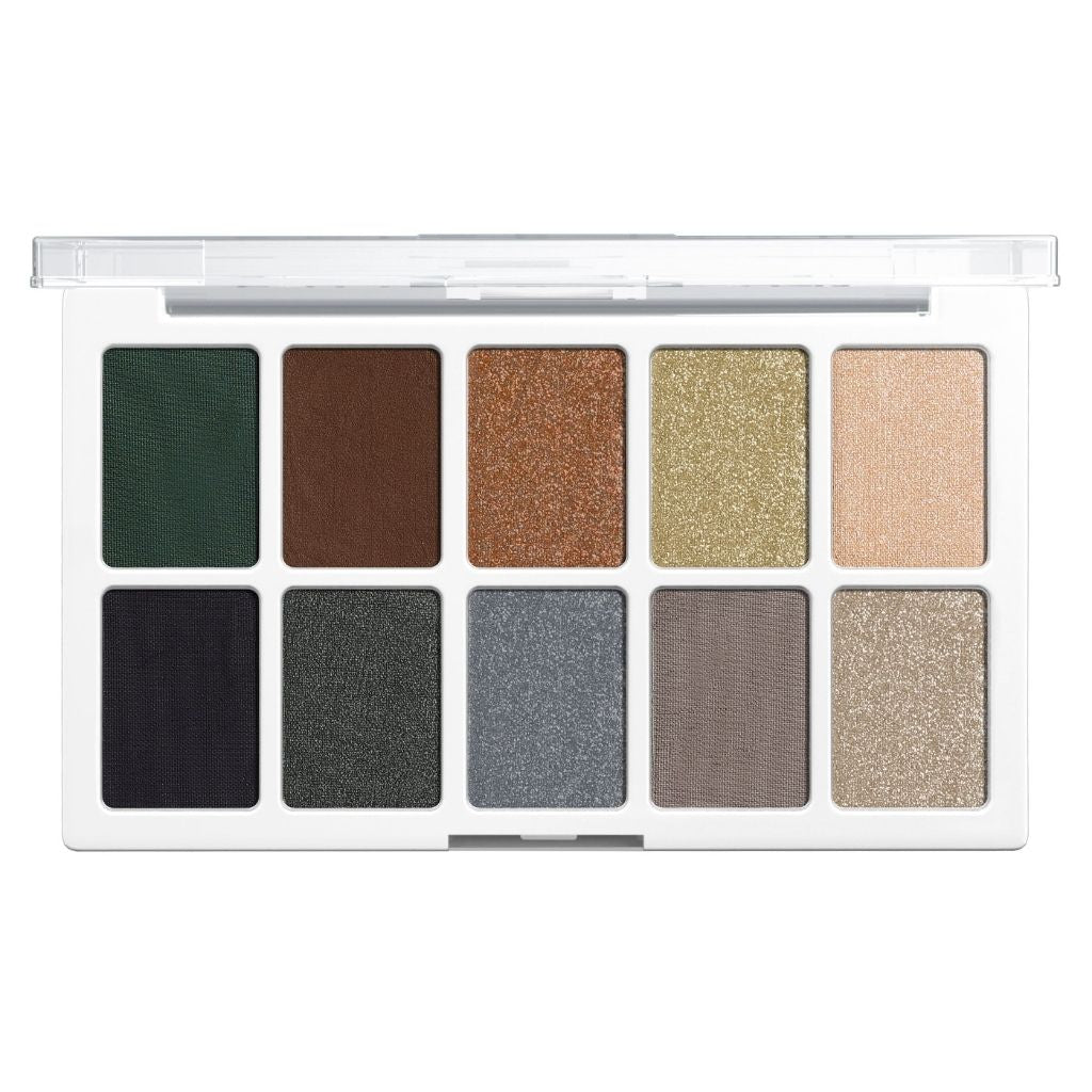Makeup eyeshadow palette with nine different shades on a white background
