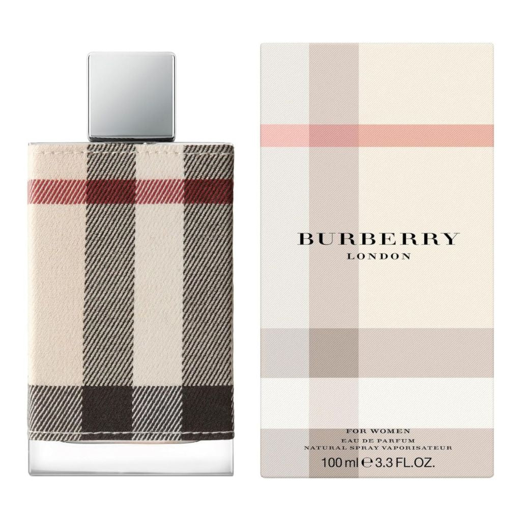 Burberry London perfume bottle and packaging with checkered design on a white background