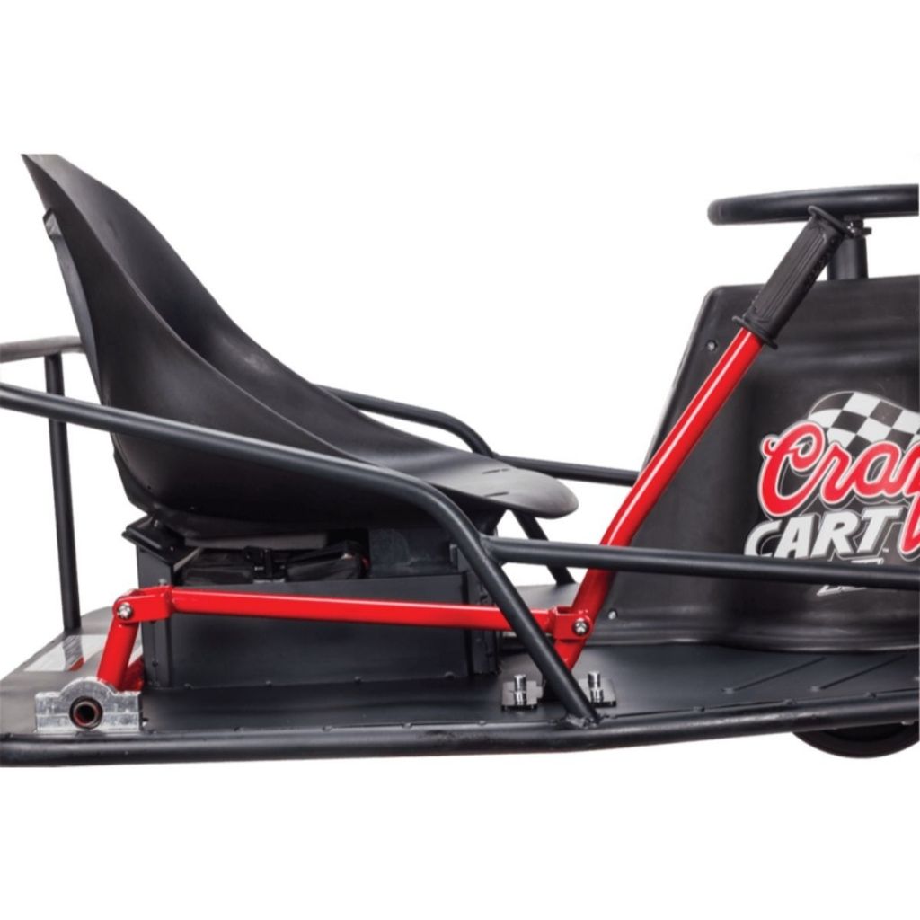 Black and red go-kart seat with visible branding on a white background