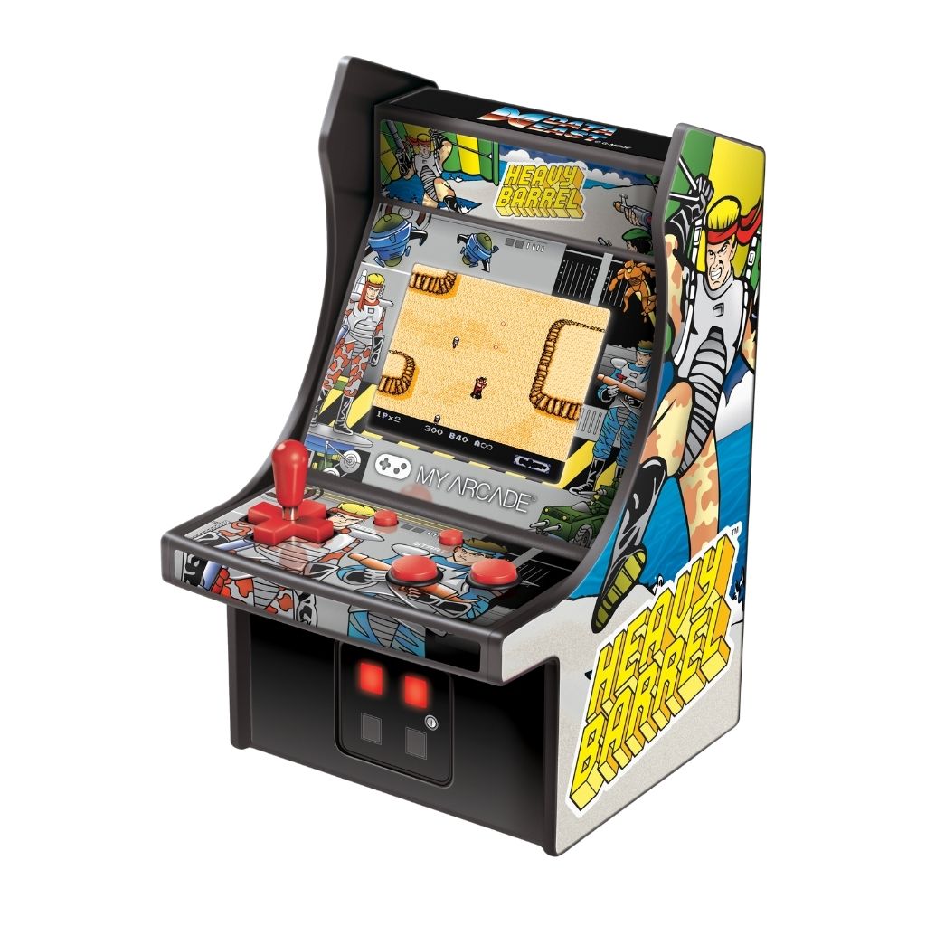 Miniature arcade game machine with colorful graphics on a white background