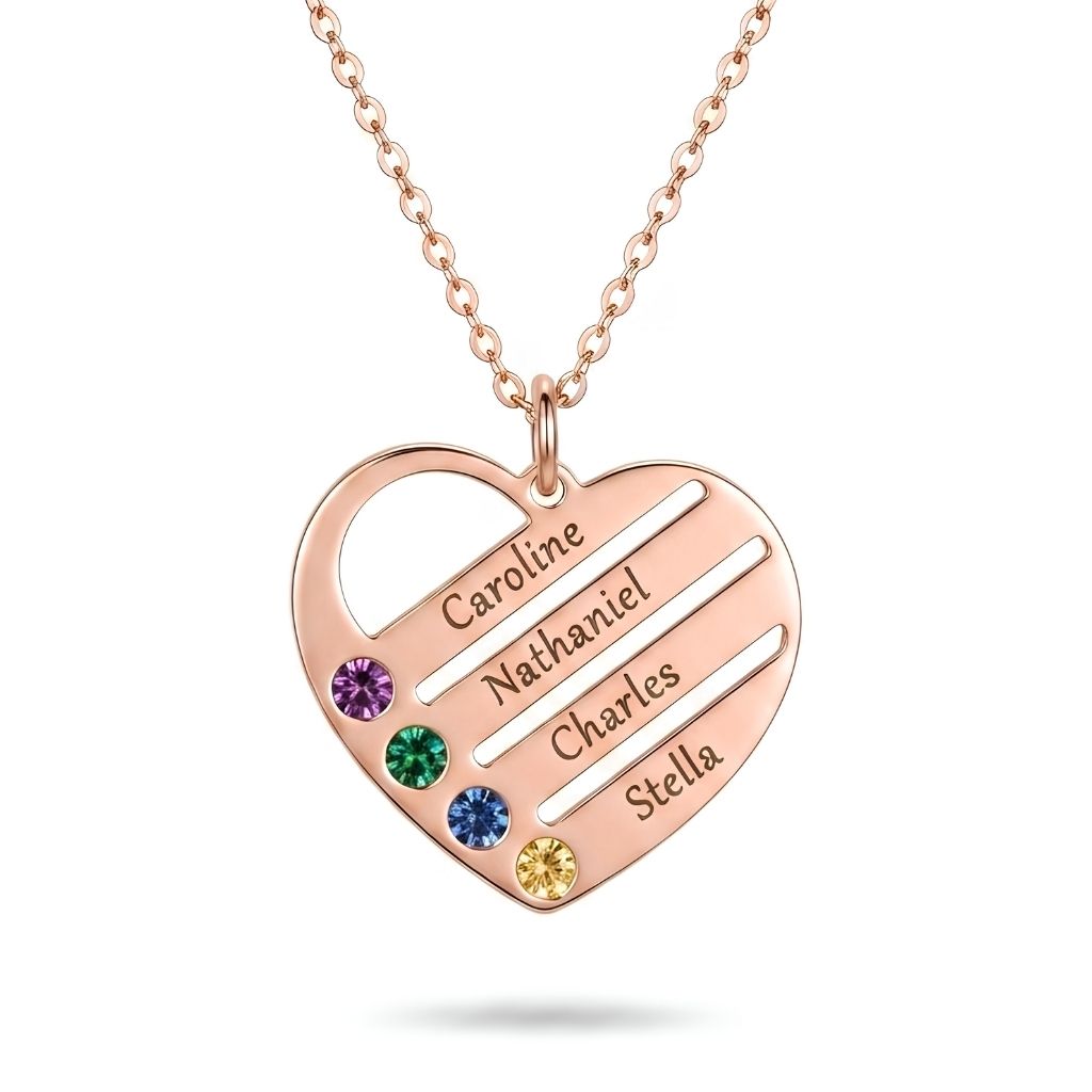 Angled Design Engraved Names Heart Necklace With Birthstones