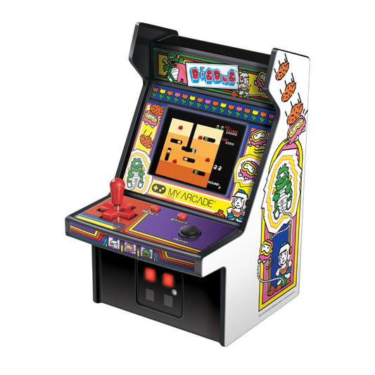 Miniature arcade machine with colorful design on a white background