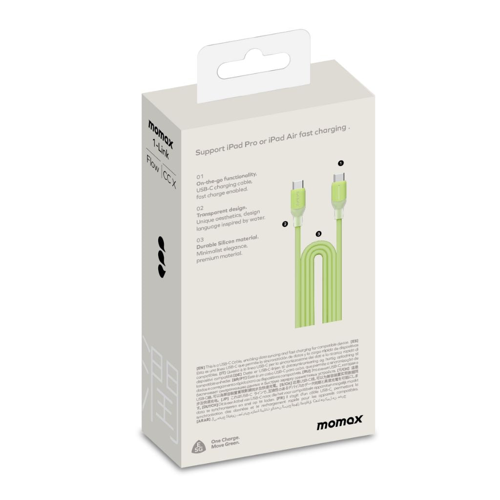 Momax charging cable packaging with product illustration and text on a white background