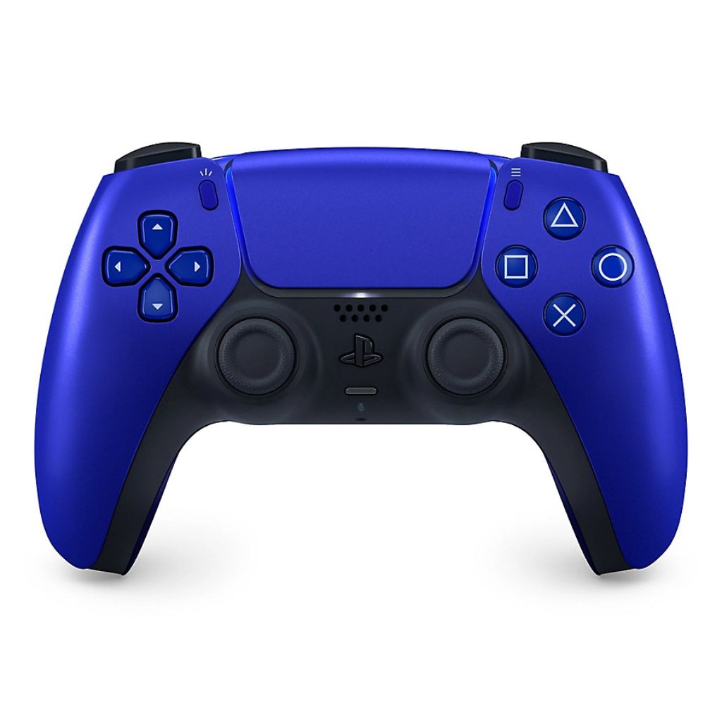 Blue gaming controller with black accents on a white background