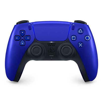 Blue gaming controller with black accents on a white background