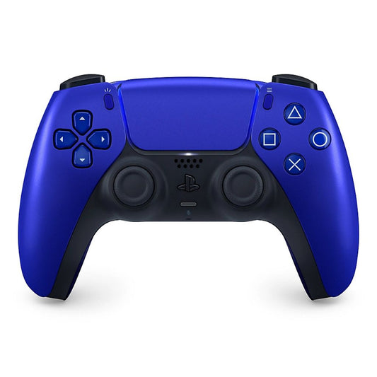 Blue gaming controller with black accents on a white background