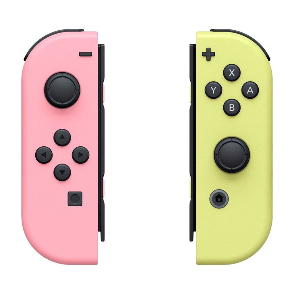 Pink and yellow gaming controllers with black buttons on a white background