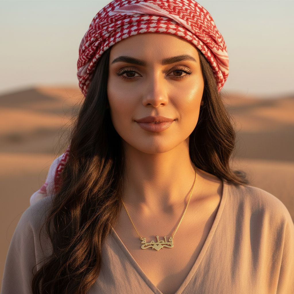 Woman wearing a red and white checkered headscarf in a desert setting