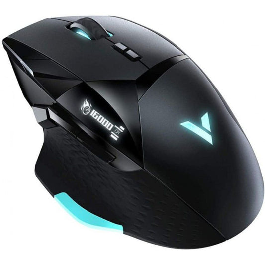 Black gaming mouse with teal accents on a white background