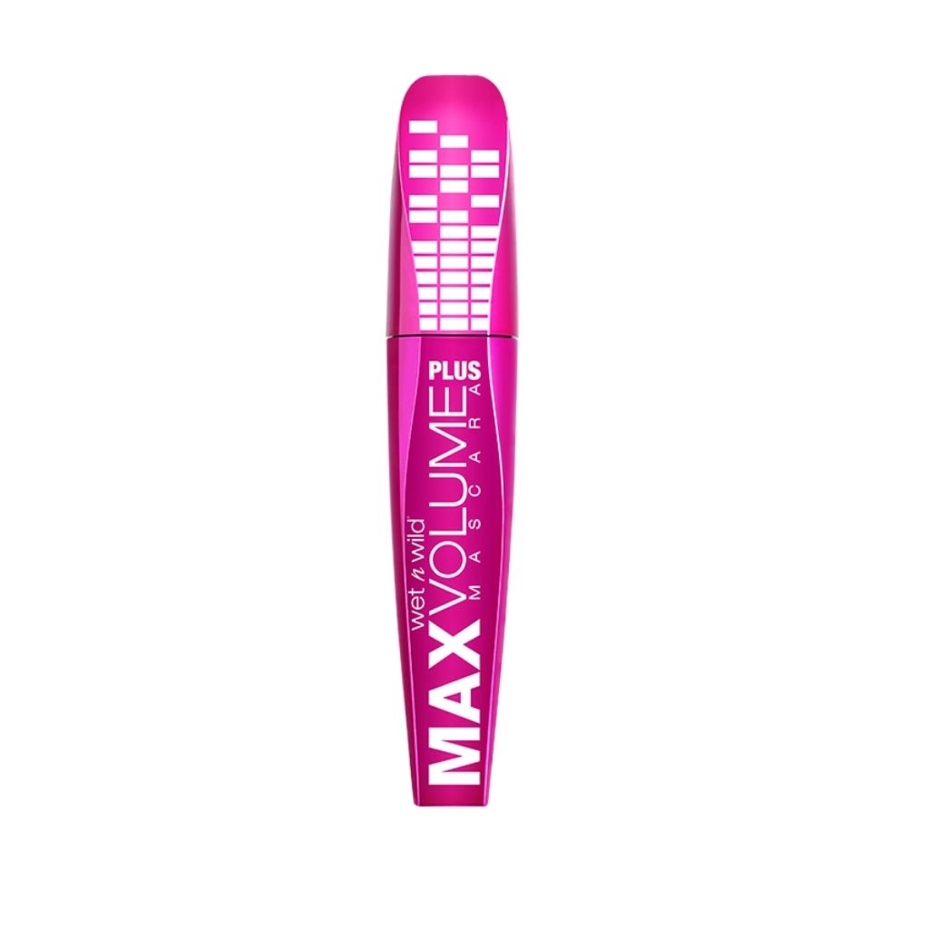Pink mascara with white text on a white background