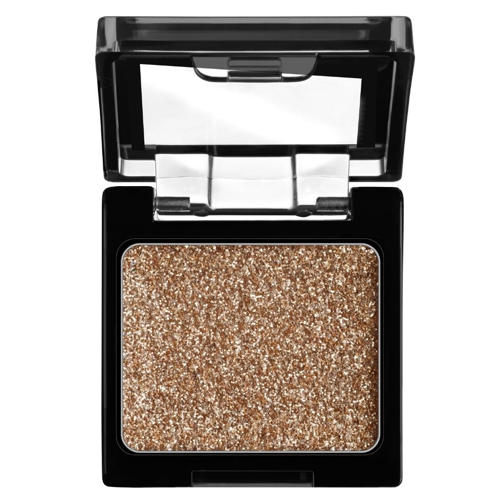 Glittery eyeshadow in a black compact case on a white background