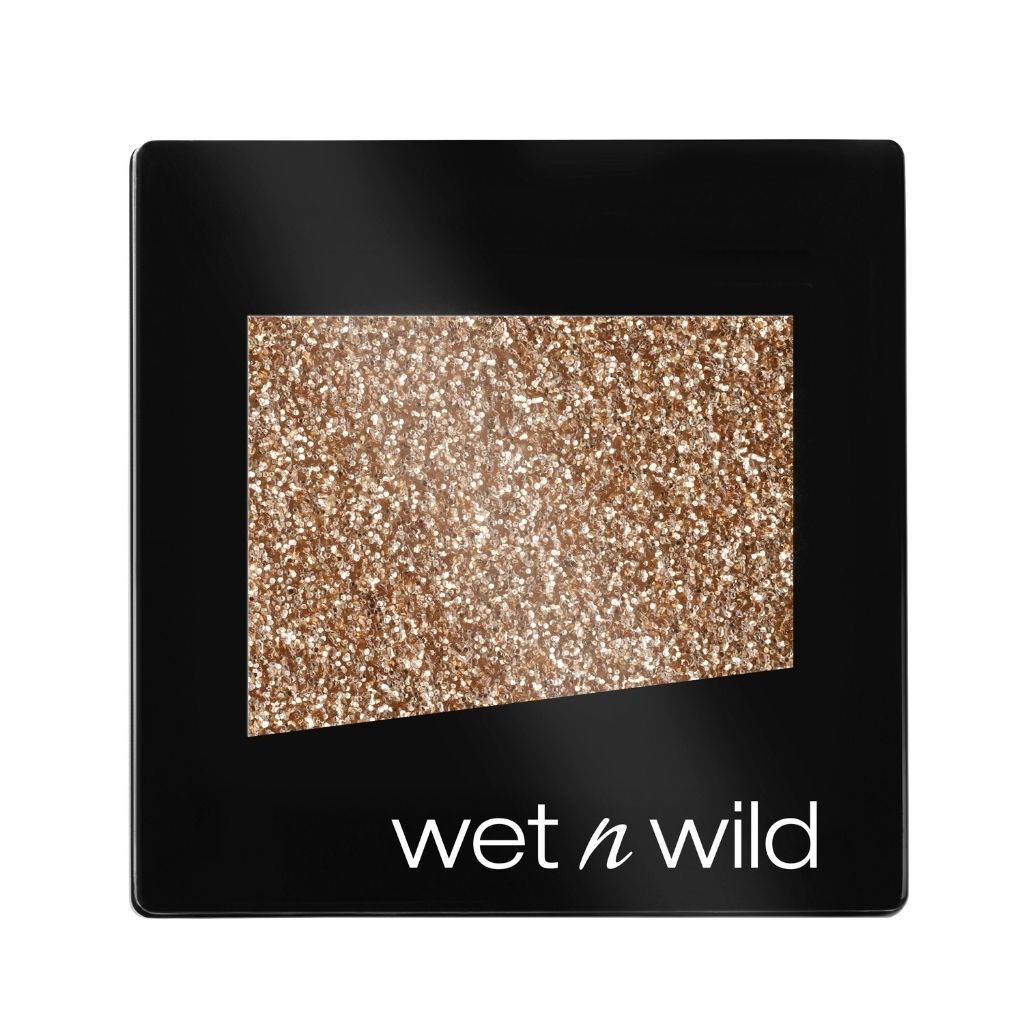 Glittery eyeshadow palette with 'Wet n Wild' branding on a black background