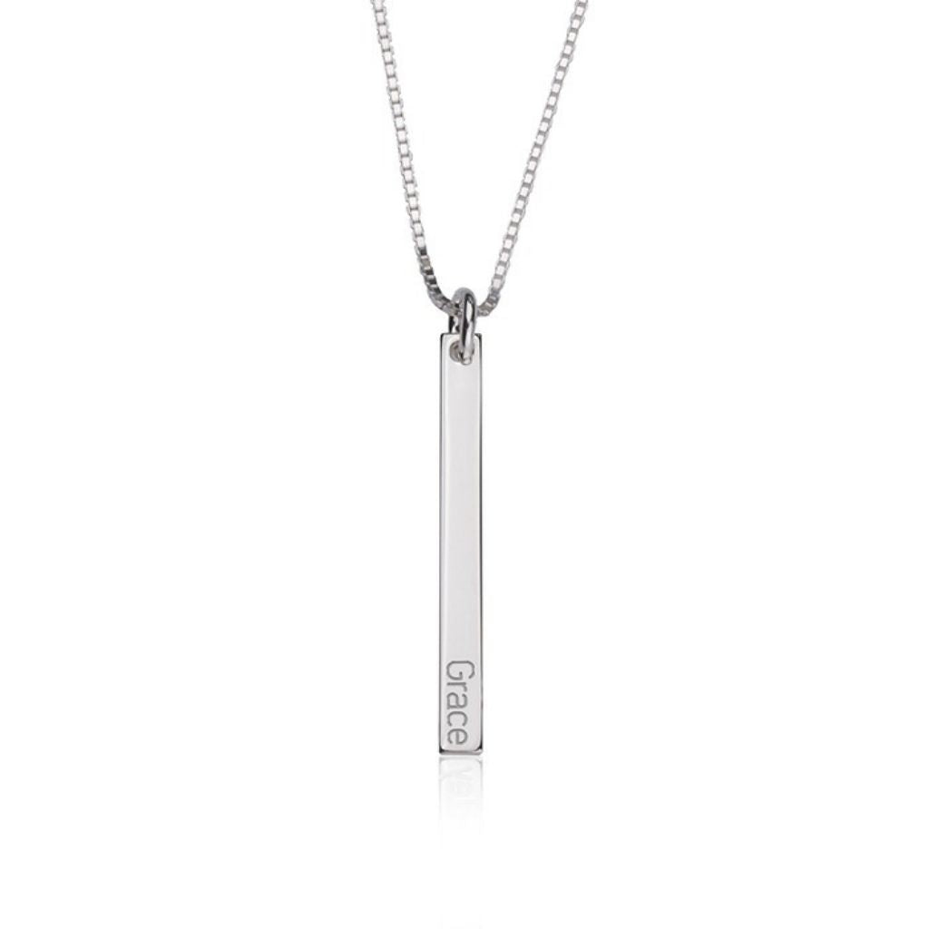 Silver necklace with a vertical bar pendant on a white background