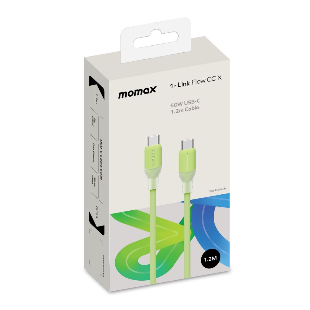 Momax 1-Link Flow CC X USB-C cable packaging on a white background