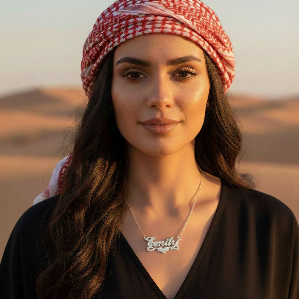 Woman wearing a red and white headscarf with a desert landscape in the background