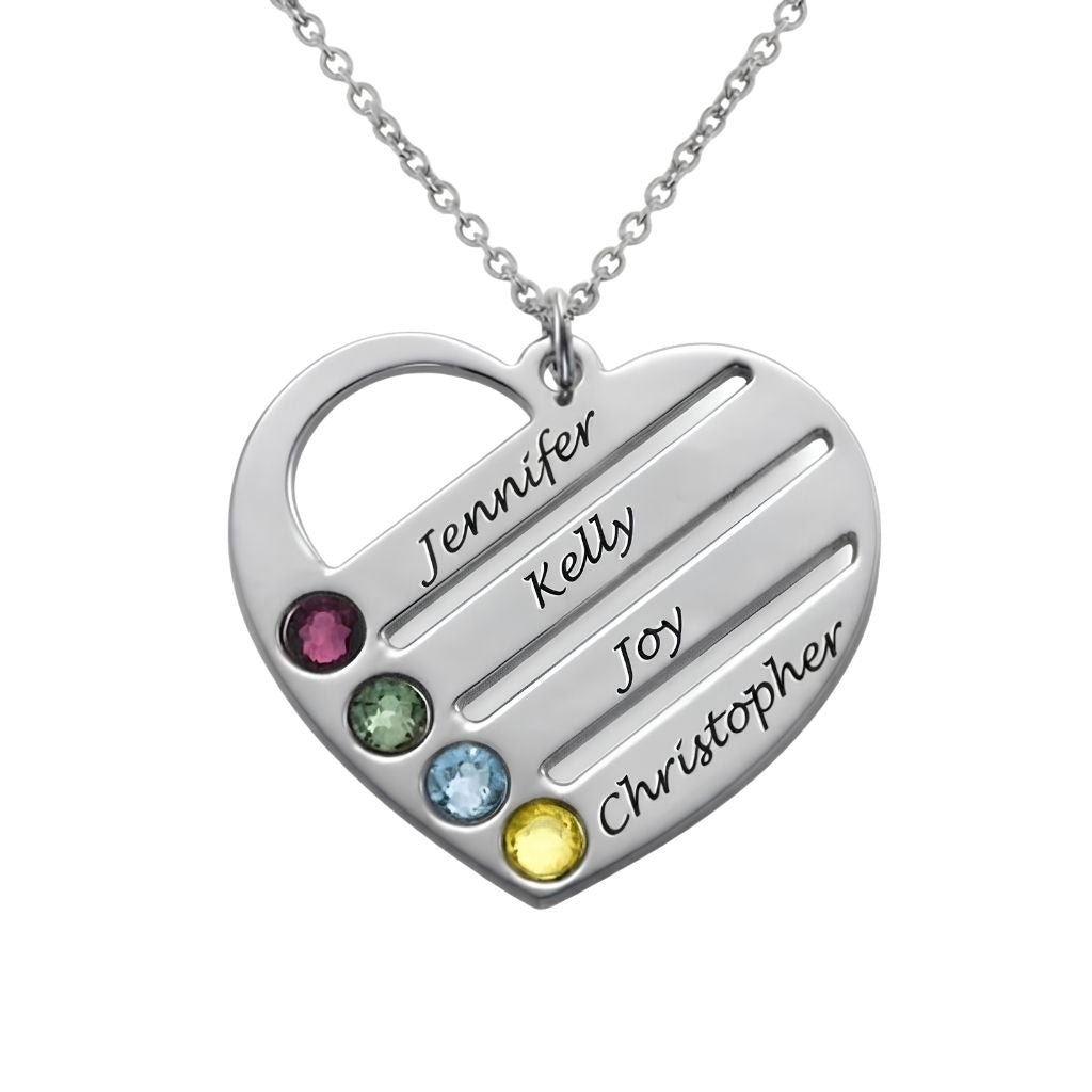 Angled Design Engraved Names Heart Necklace With Birthstones