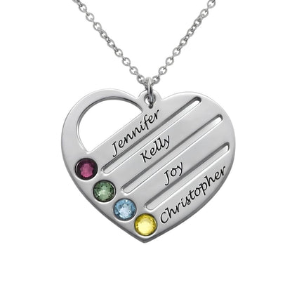 Angled Design Engraved Names Heart Necklace With Birthstones