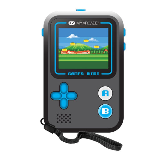 Handheld gaming console with screen displaying a game, branded 'My Arcade'.