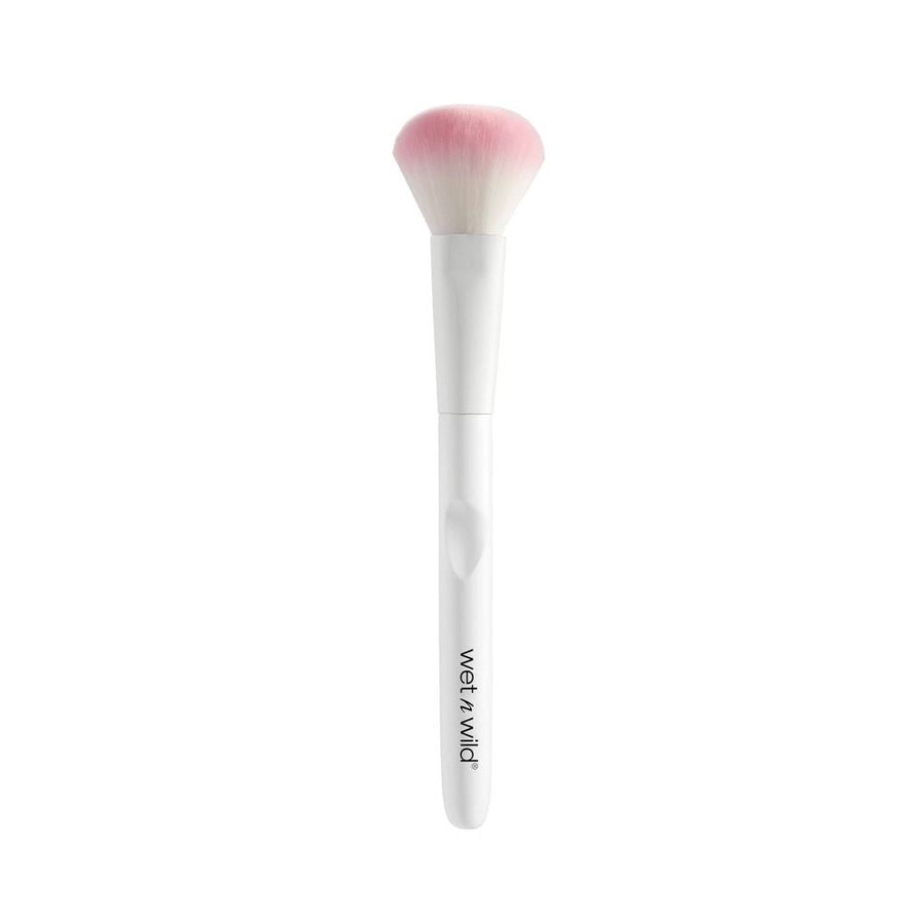Makeup brush with pink bristle head on a white background, featuring the brand 'wet n wild'.