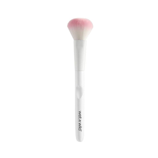 Makeup brush with pink bristle head on a white background, featuring the brand 'wet n wild'.