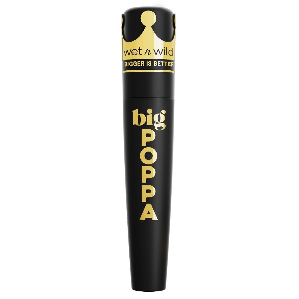 Black and gold mascara tube with 'wet n wild' branding on a white background