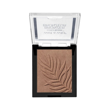 Bronzer with leaf design in a compact case on a white background