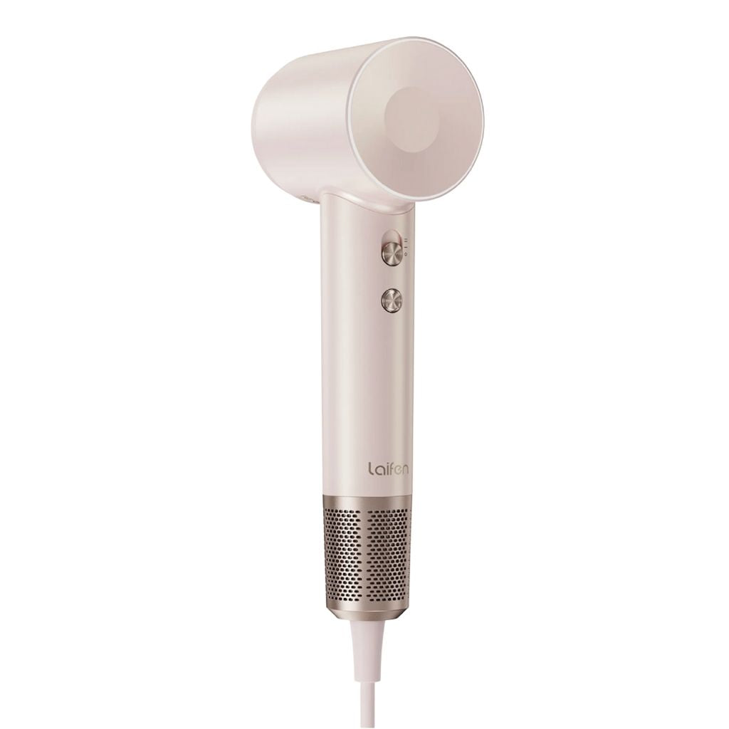 White hair dryer with visible brand logo on a white background