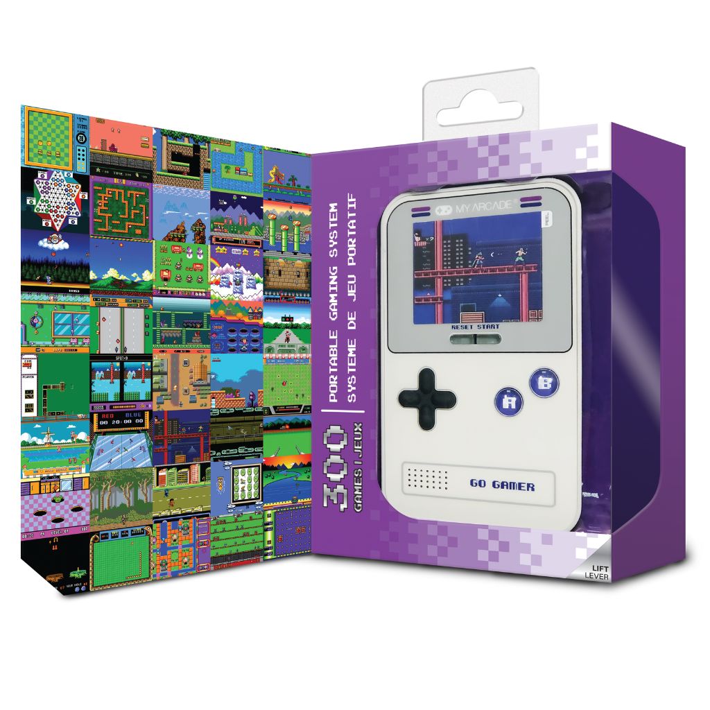 Handheld gaming system packaging with pixelated game screens on a white background