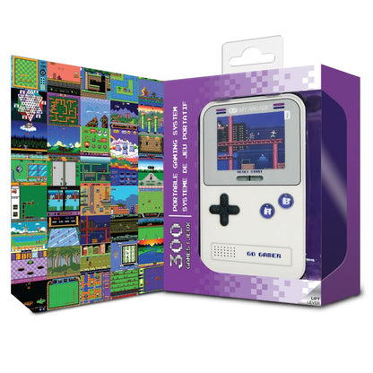 Handheld gaming system packaging with pixelated game screens on a white background