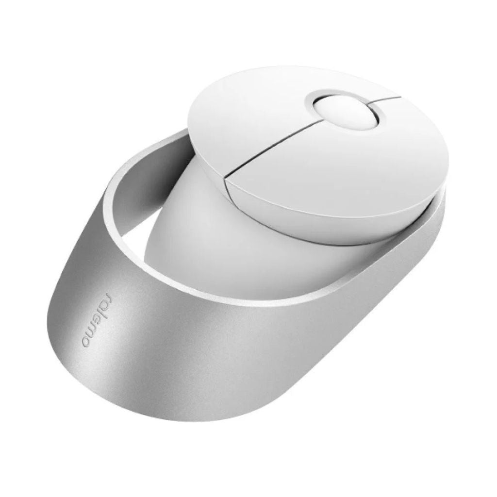 White computer mouse with charging base on a white background