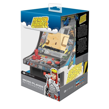 Boxed retro arcade machine with 'Heavy Barrel' branding on a white background
