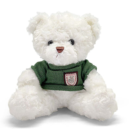 White teddy bear wearing a green sweater with a logo on a white background