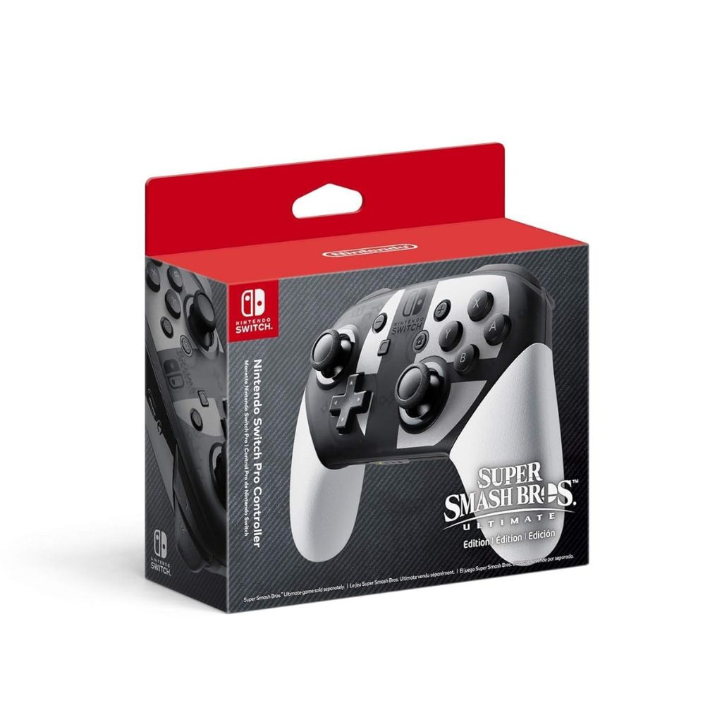 Super Smash Bros. Ultimate edition Nintendo Switch Pro Controller packaging on a white background