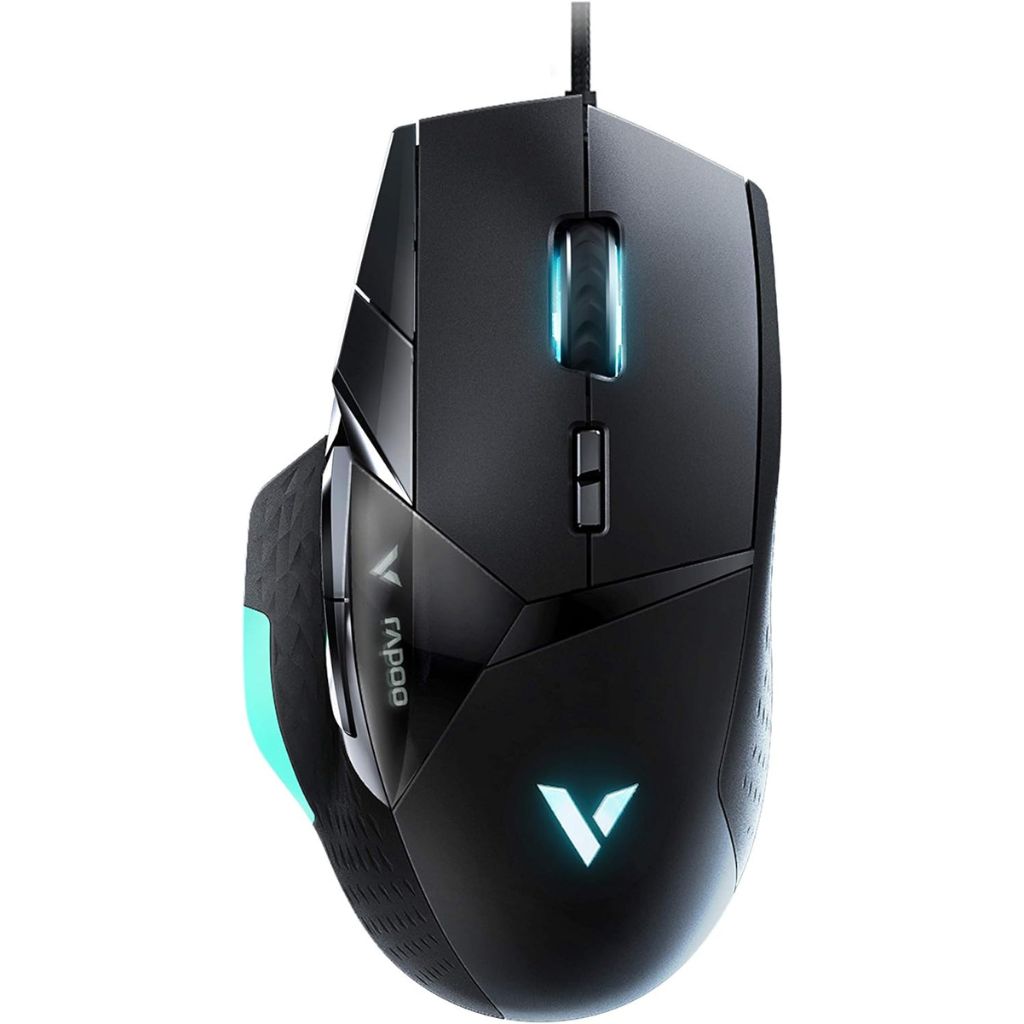 Gaming mouse with teal accents on a white background