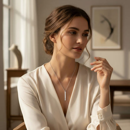Woman wearing a white blouse and necklace in a softly lit room.