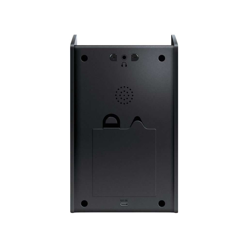 Black rectangular device with a speaker grille on a white background