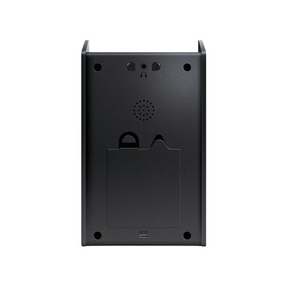 Black rectangular device with a speaker grille on a white background
