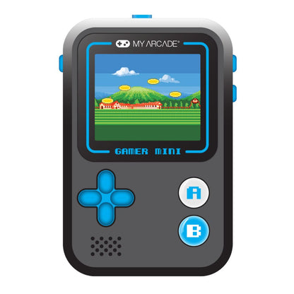 Handheld gaming device with screen displaying a colorful game, on a white background.