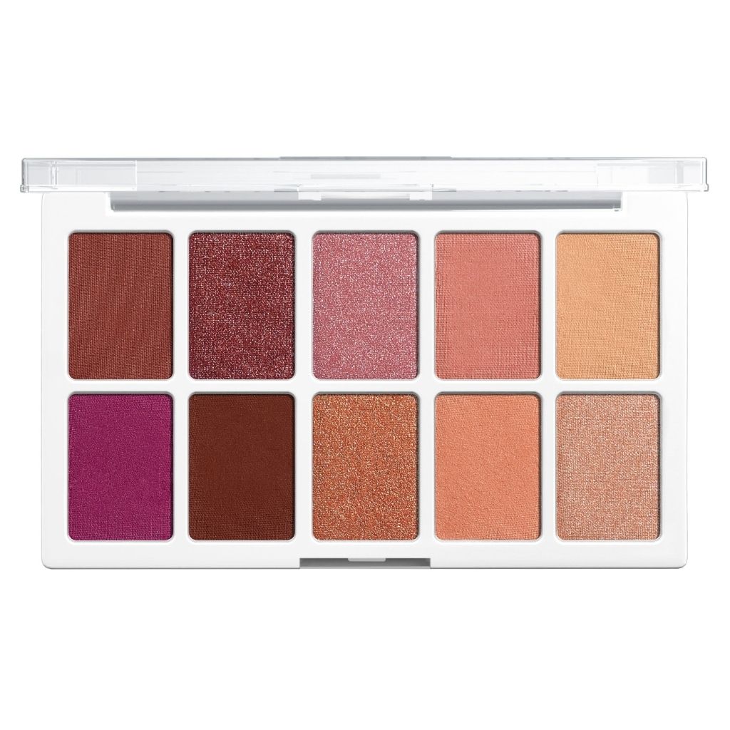 Makeup eyeshadow palette with various colors on a white background