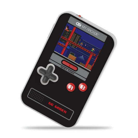 Handheld gaming console with retro design on a white background