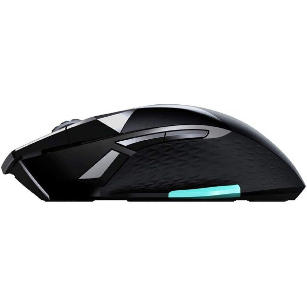 Black gaming mouse with a diamond pattern on a white background