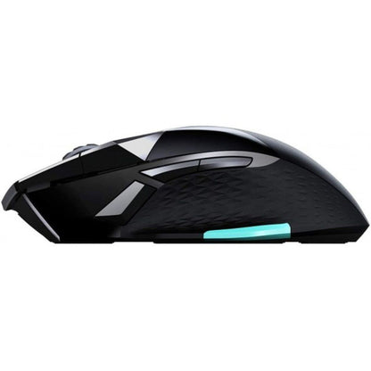 Black gaming mouse with a diamond pattern on a white background