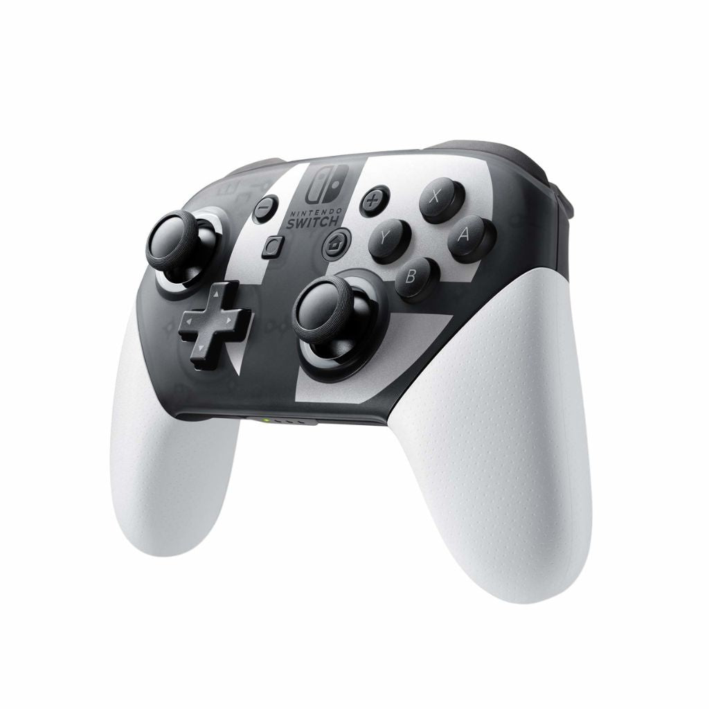 Gray and white gaming controller with Nintendo Switch logo on a white background