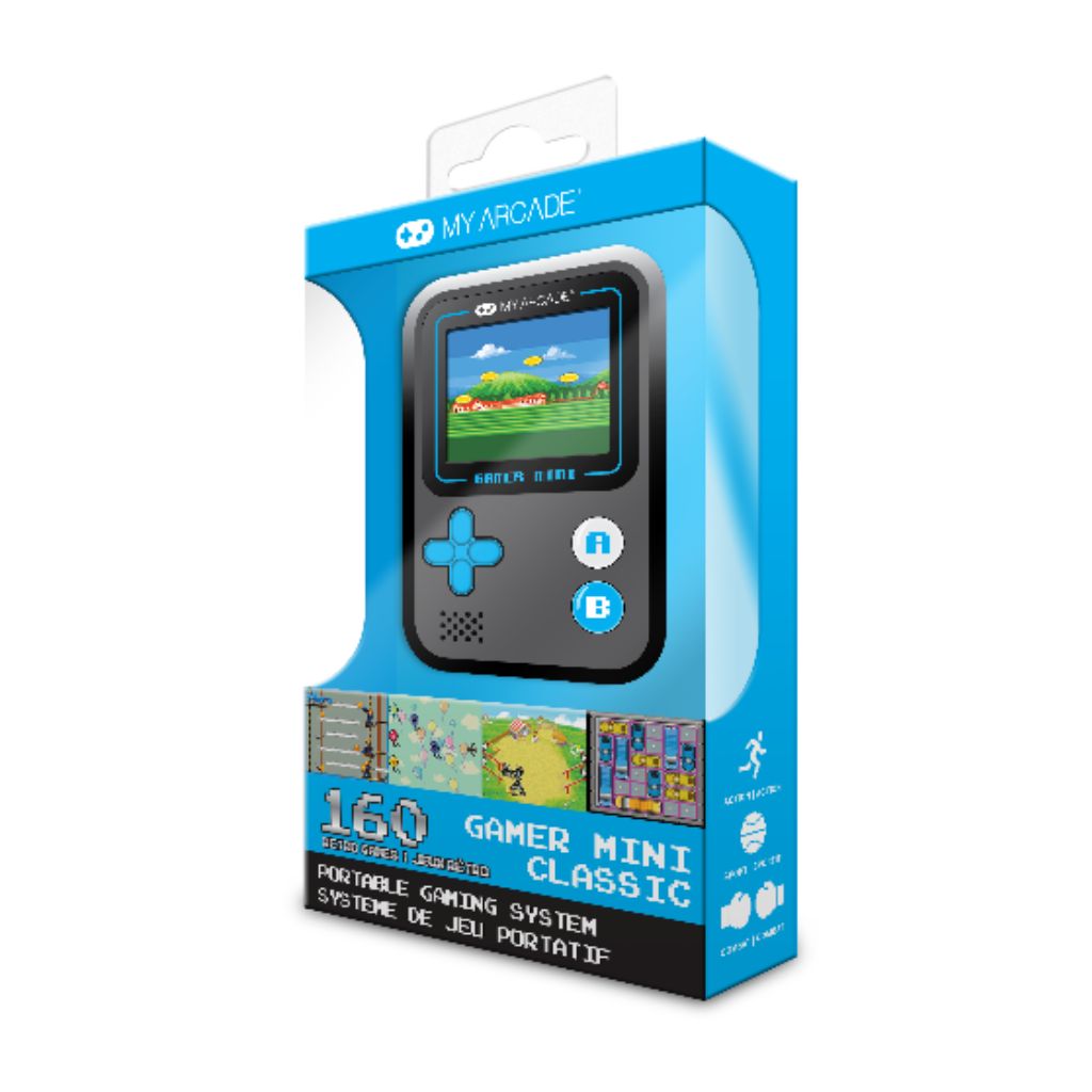 Packaging of a portable gaming system with a retro design on a white background