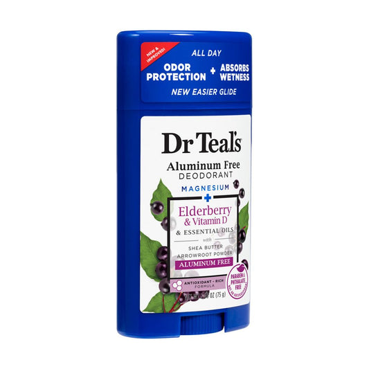 Dr Teal's Aluminum Free Deodorant stick with blue and white packaging on a white background